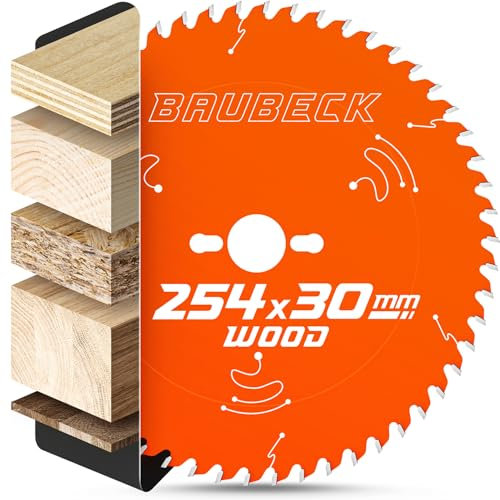 BAUBECK Sägeblatt 254x30 +25.4mm Adapterring 2.6mm Schnitt in Holz, 54 Zähne für Kapp- & Tischkreissägen, wie Metabo KGS 254 M, Bosch GTS 10 XC, PTS 10, Kreissägeblatt 254, Kappsägeblatt 254