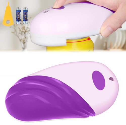 Electric Can Opener, One-utton Start Electric Tin Opener Suitable for All Canned Food, with Batteries and Bottle Opener, Suitable for Housewives, Elderly People with Arthritis (Purple)