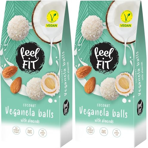 Feel FIT Veganela Balls, vegane Kokosnusspralinen mit ganzen Mandeln im Inneren und Kokosmilchcreme, ohne Zuckerzusatz, ohne Palmöl 63 g (Packung mit 2)