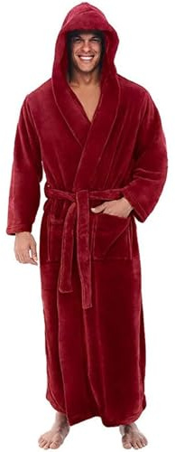 AHUFGN Bata De Invierno para Hombres Albornoz Acogedor for Hombre, Bata de baño de Felpa hasta la Rodilla, Bata de baño de Felpa Alargada cálida de Invierno for Hombre de Manga Larga(Red,XXXL)