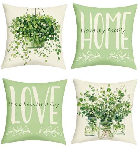Joymaison Fundas Cojines 45x45 Juego de 4 Funda de Almohada Hoja Verde Botánico Verano Cojines Fundas Planta Verde Primavera Cojine Decorativas para Sofá Salón Silla