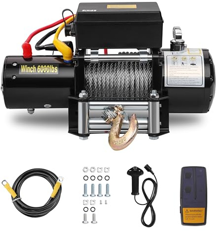 STANEW Cabrestante Eléctrico 12V 6000 LBS/2722 Kg, Cable de Acero 8 mm x15 m, con Control Remoto Inalámbrico 30 m, Compatible para Quad, SUV, Camión, Remolque de Barco, Camioneta SUV