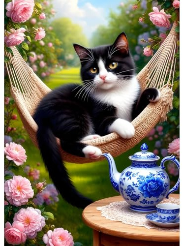 DPHERO Hammock Cat Diamond Painting Kits for Beginners Adults,5D DIY Teapot Diamond Art Kits,Round Full Drill Garden Gem Art Crafts Kits,DIY Painting by Numbers for Home Wall Decor 12x16 inch