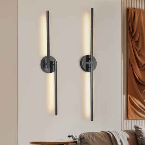 Dehobo Battery Operated Wall Lights 2 Packs - 300° Rotation Rechargeable Wall Sconce Lights 6600mAh with Remote Control Black 77CM - Dimmable Wireless Wall Lights 3 Color Temperature for Bedrooms