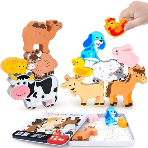12 Stück Holzpuzzle Bauernhoftiere Puzzle ab 3 Jahre, Holzspielzeug Puzzle, Steckpuzzle Geschenk für Kinder, Kinderpuzzle Holz Greifpuzzle Tiere, Lernspielzeug Pädagogisches für Jungen und Mädchen