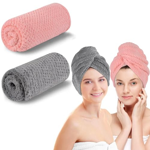 KinHwa hårturban turban handduk med knapp 2 delar superabsorberande snabbtorkande mikrofiber turban harre hår handduk långt hår lockar huvud handduk (rosa + grå)