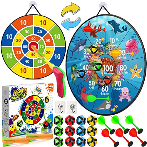 MOOING Dartscheibe Kinder, 66cm Klett Dartscheibe Faltbares mit 12 Klebrigen Bällen, Doppelseitige Dartscheibe, Wurfscheibe Kinder Geschenke Spielzeug ab 3 Jahre