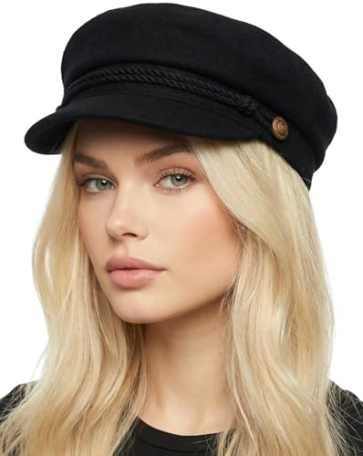Funky Junque Wool Newsboy Hat for Women – Classic Greek Fisherman Cap, Trendy Baker Boy Newsies Hat, Warm Vintage Ladies Fashion Cap - Wool - Black