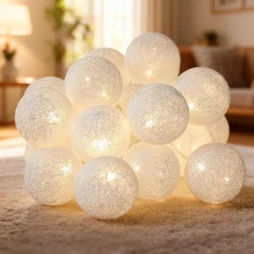 LED Lichterkette Baumwollkugeln,1.5M 10LED Lichterkette Innen Kugeln,6cm Lichterkette Kinderzimmer,Baumwollkugeln lichterkette für Kinderzimmer,Hochzeit,Weihnachten,Party Deko