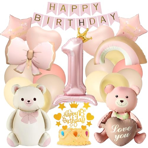 Bär Geburtstagsdeko 1 Jahr Mädchen Set mit Luftballons, Folienballon 1 Geburtstag Mädchen, Herz Stern Regenbogen Schleife und Girlande für Babyparty Kindergeburtstag Rosa