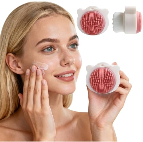 Lymphatic Drainage Gesichtsbürste 2in1 - Doppelseitige Gesichtsmassage & Reinigungsbürste mit weichen Borsten & Silikon-Noppen, für Lymphdrainage, Gesichtskonturierung und Porenreinigung - Rosa/Weiß