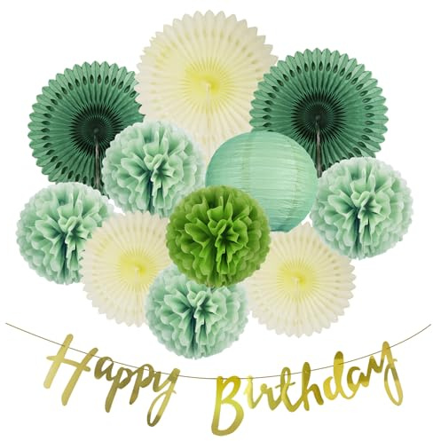 Etfrekfa Salbeigrün Seidenpompons Set, Grüner Papier Fächer Geburtstag Dekoration, Salbeigrün Papierfächer Laterne Hochzeit Deko, Happy Birthday Banner, für Gartenparty Deko, Babyparty, Baby Shower
