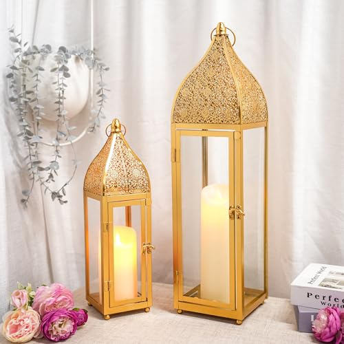 TRIROCKS Juego de 2 farolillos dorados, portavelas de metal, 56 cm y 38 cm, decoración oriental para salón, balcón, jardín, terraza y decoración de Ramadán
