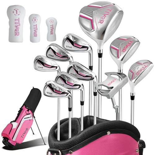 Golfklubbor för kvinnor vänsterhänta komplett 14-delat set med förare Fairway hybridjärn putterstativ väska & 3 huvudbonader – nybörjare kvinnor golfset rosa