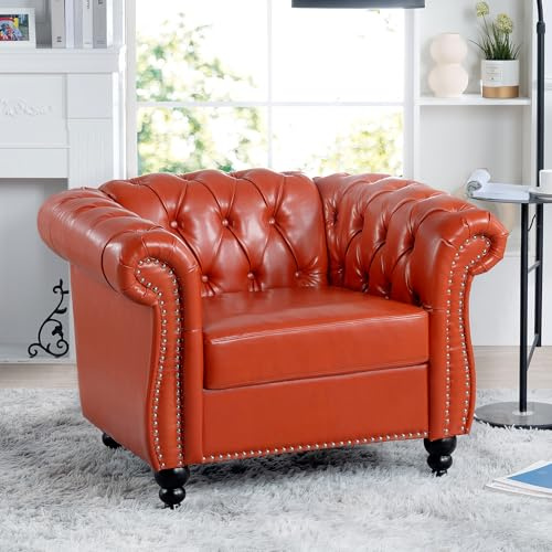 Sarlat Modern Accent Chair for Living Room, Mid Century PU Leather Armchair with Nailhead Trim, Oversized Comfy Single Sofa Chair with High Resilience Foam, Tufted Chesterfield Chair (Orange)