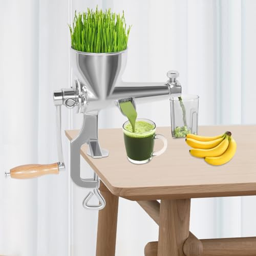 Spremiagrumi manuale in acciaio inox 304, spremiagrumi manuale con morsetto da tavolo, manico in legno, apertura 9 cm, per erba di grano, frutta e verdura, con filtro e spazzola per la pulizia