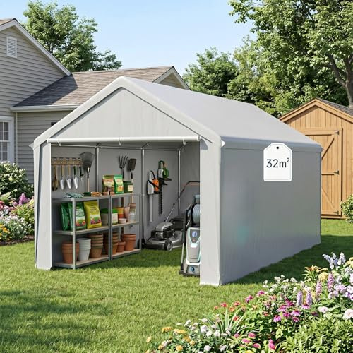 YARDIN Lagerzelt Carport 4x8 m in Grau Gerätezelt wasserdicht Gartenhaus Stahlrahmen verzinkt Garten Aufbewahrung Zelt Unterstand für Auto Motorrad Lager Garten