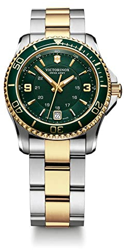 Victorinox Damen-Uhr Maverick Small, Damen-Armbanduhr, analog, Quarz, Wasserdicht, Gehäuse-Ø 34 mm, Armband 18 mm, 116 g, Silber/Grün