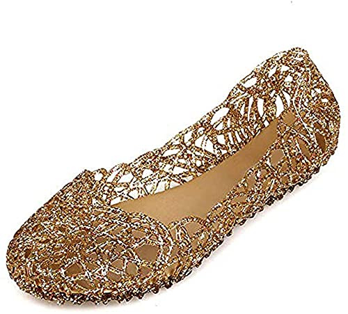 Domucos Round Toe Jelly Shoes for Women Jelly Ballet Flats Female Garden Clog Shoes-Gold-7.5-39…