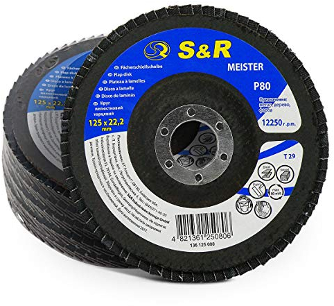 S&R 5 Dischi Abrasivi Lamellari 125 per Acciaio e Legno. Grana 80 Set 5 Dischi a Lamelle per Smerigliatrice