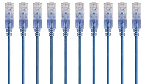 Monoprice Nätverkskabel Cat6A, 15 cm (6 tum), blå, patchkabel, UTP, 30 AWG, 10G, ren koppar, helgjuten RJ45-kontakt, ethernetkabel i SlimRun-serien, 10-pack