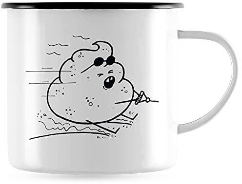 JUNIWORDS Emaille-Tasse, Kackhaufen Wasserski, Schwarzer Tassenrand