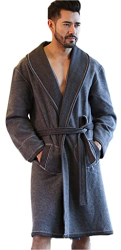 Men's Thick Stitch Needle Double Nightgown Japanese Kimono Dressing Gowns Bathrobes Pajamas Set Loungewear Fleece with Large Lapel Pockets (Color : Gray, Size : M-112cm)