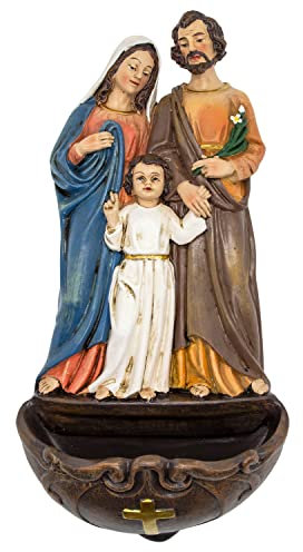 VILLAGE GIFT IMPORTERS Holy Family Holy Water Font | Jesus, Mary and Joseph Statue Over Bowl | Catholic Wall Décor for Home | Great Catholic Gift for Baptism, First Communion, and Confirmation