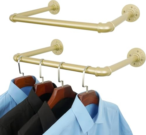 Industrieller Rohr-Kleiderständer, 2 Stück, 52 cm, DIY, robuster Kleiderständer, Wandmontage, schwarzes Eisenrohrgestell (Gold) 52 cm | Heavy Duty Kleidungsstück Rack Wand montiert schwarzes Eisen Rohr Rack