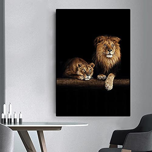 KADING Tiere im Dunkeln, Leinwandbild, afrikanische wilde Löwenfamilie, Poster und Druck, Wandkunst, Bild für Wohnzimmer, Wanddekoration, 60 x 110 cm (24 x 43 Zoll) mit Rahmen