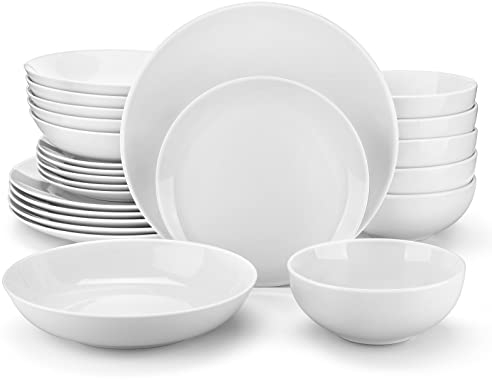 MALACASA Dinner Sets, 24-Piece Porcelain Plates and Bowls Set with 6-Piece Dinner Plate/Soup Plate/Side Plate/Cereal Bowl, Dinnerware Set Service for 6, Series Amelia