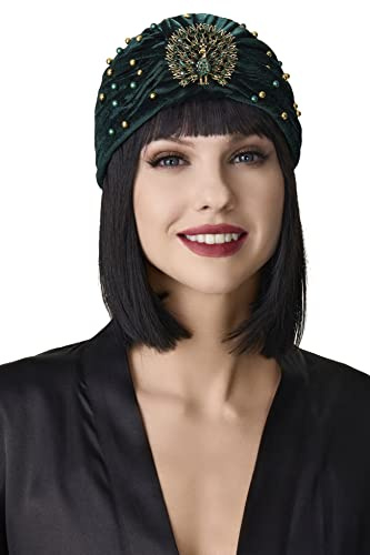 BABEYOND Damen Turban Hut mit Abnehmbarer Kristall Brosche 1920s Retro Feder Turban Hut Gatsby Accessoires