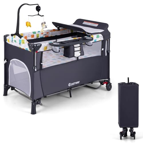 COSTWAY Cuna de Viaje Convertible 5 en 1 con Cambiador, Bolsillo de Almacenamiento, Centro de Guardería para Bebés, Juguetes Colgantes, Cuna Ajustable de 4 Niveles con Ruedas y Frenos (Gris)