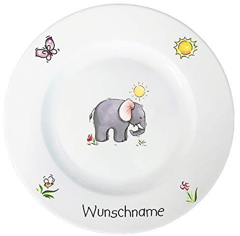Doriantrade Speiseteller 27cm Kinderteller Teller Porzellan Elefant personalisierbar mit Wunschname Name Kindergeschirr mit Namen personalisiert