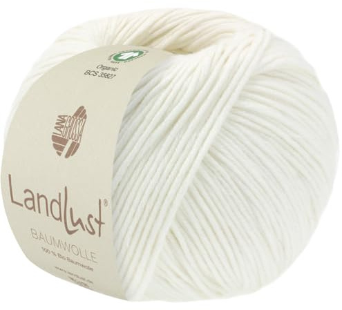 LANA GROSSA Landlust Baumwolle | Klassisches Bio-Baumwollgarn, Gots zertifiziert | Handstrickgarn aus 100% Baumwolle (Bio) | 50g Wolle zum Stricken & Häkeln | 115m Garn FB 4 Weiß