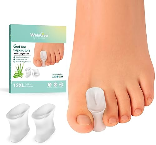 Welnove Upgraded Gel Toe Separators – 12Pcs Aloe Vera Extract Infused Silicone Toe Spacers for Straightening Overlapping Toes, Bunions, Calluses – Soft Silicone Bunion Corrector for Men and Women(XL)