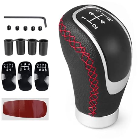 Juttzzei Pommeaux de Leviers de Vitesse, Universel 5 Vitesses 6 Vitesses Pommeau de Vitesse, Cuir PU de Manuel Levier de Vitesse avec 4 Adaptateurs 8mm 10mm 11mm 12mm pour Les Voitures Manuelles-Rouge