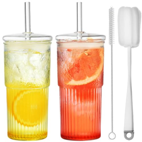 ALINK 570ML Bubble Tea Glasbecher mit Deckel und Strohhalm，2 Pack High Borosilicate Glas Tumbler für Eiskaffee Saft Smoothie Wasser Tee, Geschenk 2 clean Pinsel