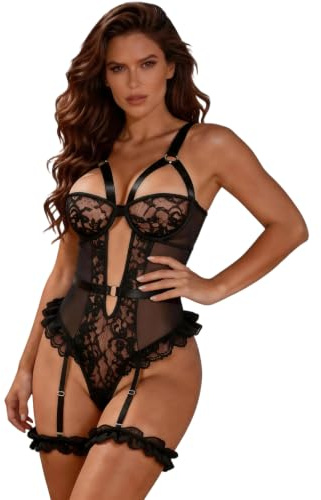ohyeahlady Body Mujer Sexy Lencería Mujer Encaje Talla Grande Negro XL-2XL