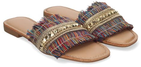 Sandali Bassi Estivi da Donna, Eleganti e Comodi con Dettagli a Frange. Marrone Talla 38