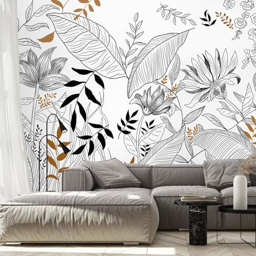 Naturempress Papier Peint Panoramique 150X105（LXH）Feuilles Minimaliste Noir Et Blanc Papier Peint Intissé Tapisserie Poster Mural pour Salon Chambre Décoration Murale