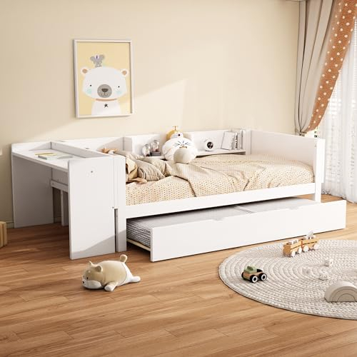Dolamaní Jugendzimmer Tagesbett 90x200 cm Ausziehbar Holz, Bett mit Schreibtisch, 3 Regale Seite des Betten, Ausziehbett, Gästebett (Weiß)