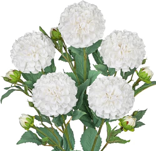 Hollyone 5 Stück Künstliche Dahlien Weiß Kunstblumen Zweige mit Knospen, Dahlie Blumenarrangement Langen Stiel Gefälschte Blume Seidenblume für Vase Tischdeko Hochzeit Heimdekoration
