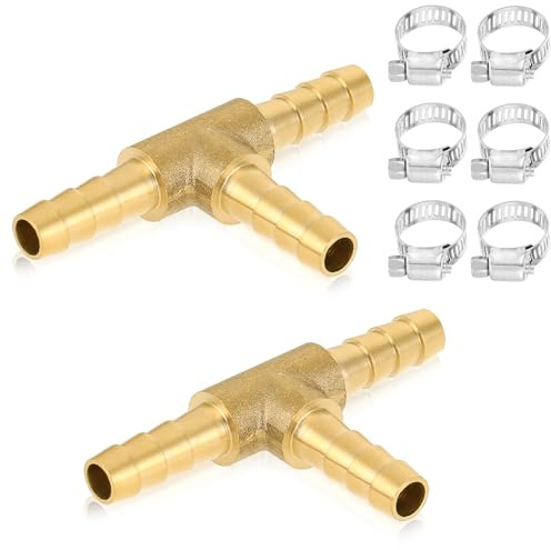 2 Pcs 1/4 Brass Tee 1/4 Barb 1/4 NPT Tee Fitting Air Hose Fittings T-Shaped 3 Ways Union Fitting For Tool Installation And Maintenance Assist Transfer