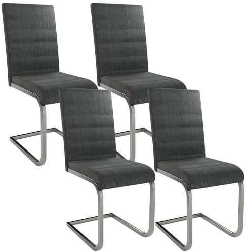 Juskys Freischwinger Schwingstuhl Vegas 4er Set - 4 Esszimmerstühle mit Rückenlehne, Küchenstühle aus Metall & Cord - Stühle modern für Esszimmer, Wohnzimmer & Küche - Grau