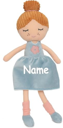 Elefantasie Stoffpuppe mit Name personalisierbar weiche Kuschelpuppe zum Spielen mit aufgesticktem Gesicht Kleid hellblau