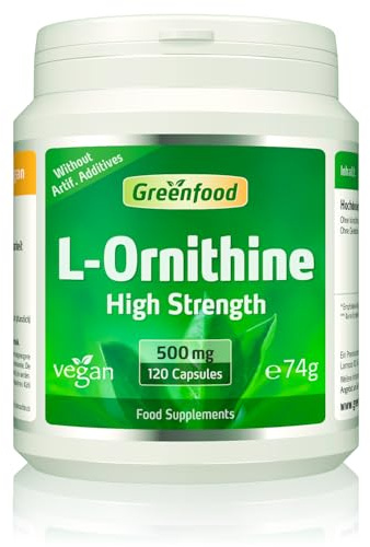 Greenfood L-ornithine, 500 mg, high dose, 120 Capsules - Important Amino Acid. Produced by Fermentation. Without Artificial additives, Without Genetic Manipulation. Vegan.