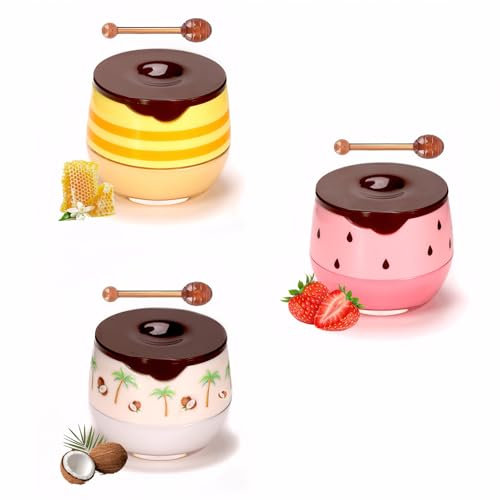 3 PCS Bee Balm, Honey Lip Balm Moisturizing Skincare Mask With Brush, Sleeping Mask for Care Repair Prevent Dry Crack Line Reducing (Honey+Strawberry+Coconut)