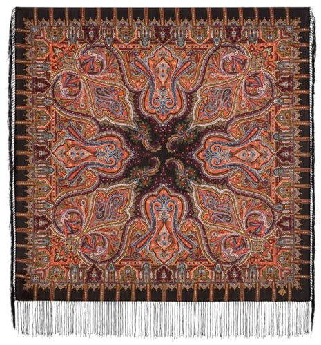 Fashion Accessoires Damen Schal Pavlovo Posad Shawl Manufactory Schultertuch Umschlagtuch Fransentuch Schafran auf Schwarz Stola Damen Wolle 89x89 cm