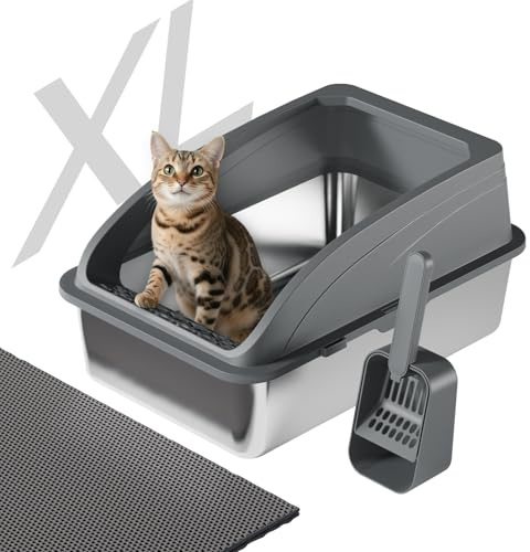 Katzentoilette Edelstahl Halbgeschlossen Groß | Katzenstreuschaufel, Doppelschicht Matte, Leicht zu Reinigen